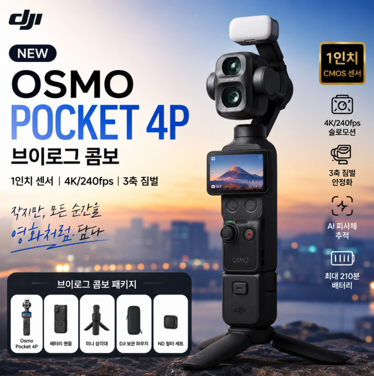 DJI 1인치 CMOS 4K 240fps 여행용 짐벌 카메라 Osmo Pocket 4P 브이로그 콤보